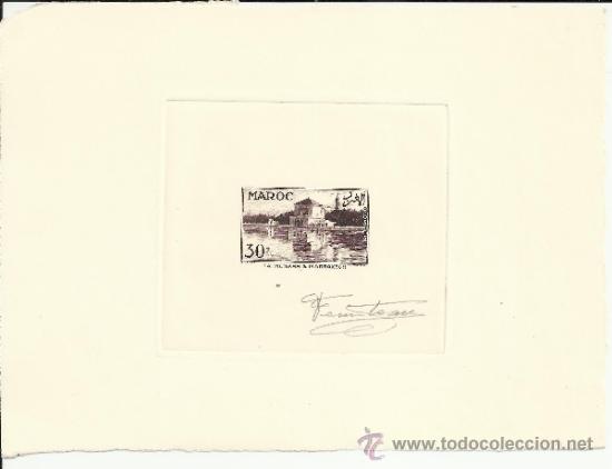 Briefmarken: MARRUCEOS PRUEBA ARTISTA EN SEPIA LA MENARA A MARRAKECH CON FIRMA DEL GRABADOR MUY ESCASA