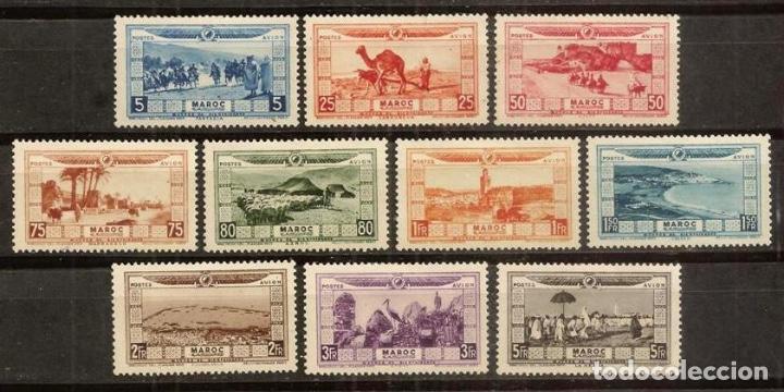 Sellos: MARRUECOS (MAROC). 1928. Correo aereo. Poste aerienne Yvert 12/21 **. Victimas de inundaciones.