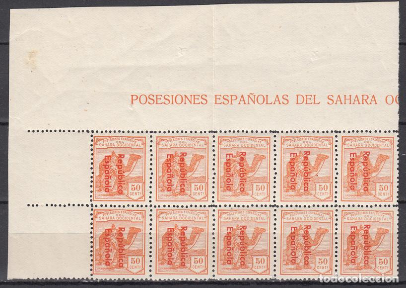 Sellos: Sahara Variedades 1932 Edifil 43Ahcc ** Mnh Bonito Bloque de 10 sellos con cabec