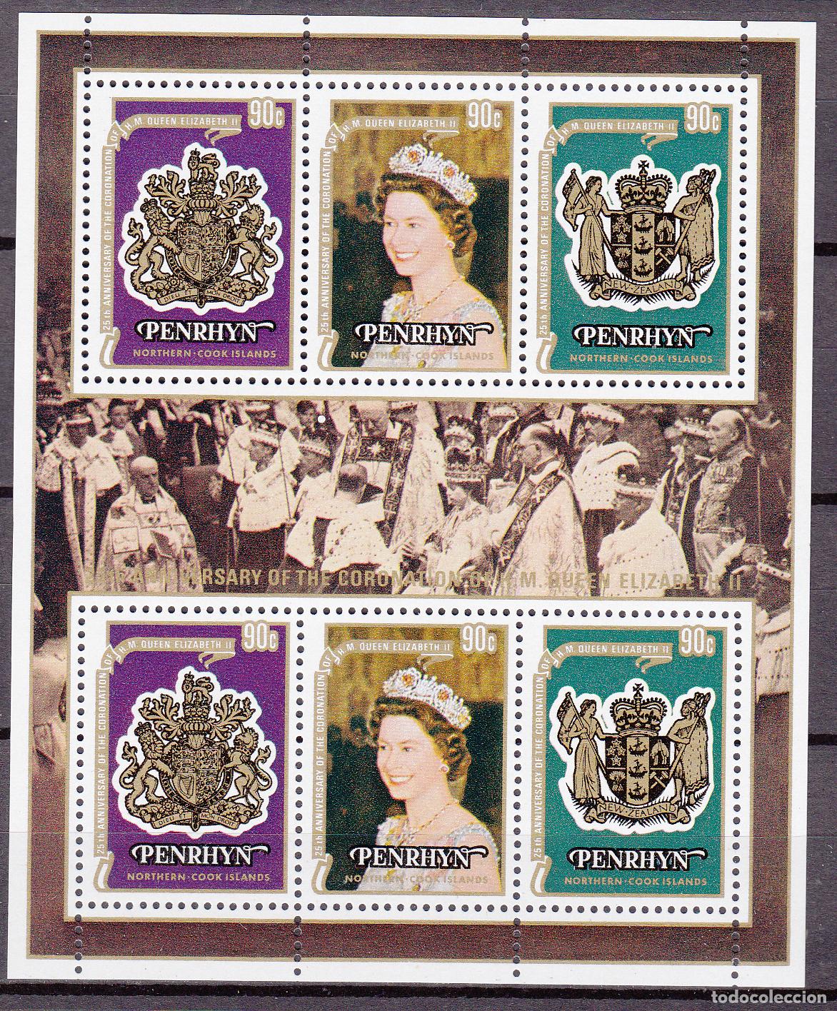 Selos: Penrhyn Correo Yvert 100/102 ** Mnh en Hojita de 2 series - 25 Aniversario Coron