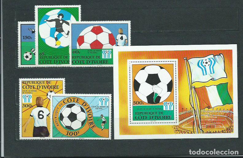 Selos: Costa de Marfil - Correo Yvert 458/62+Hb 12 ** Mnh Deportes f&uacute;tbol