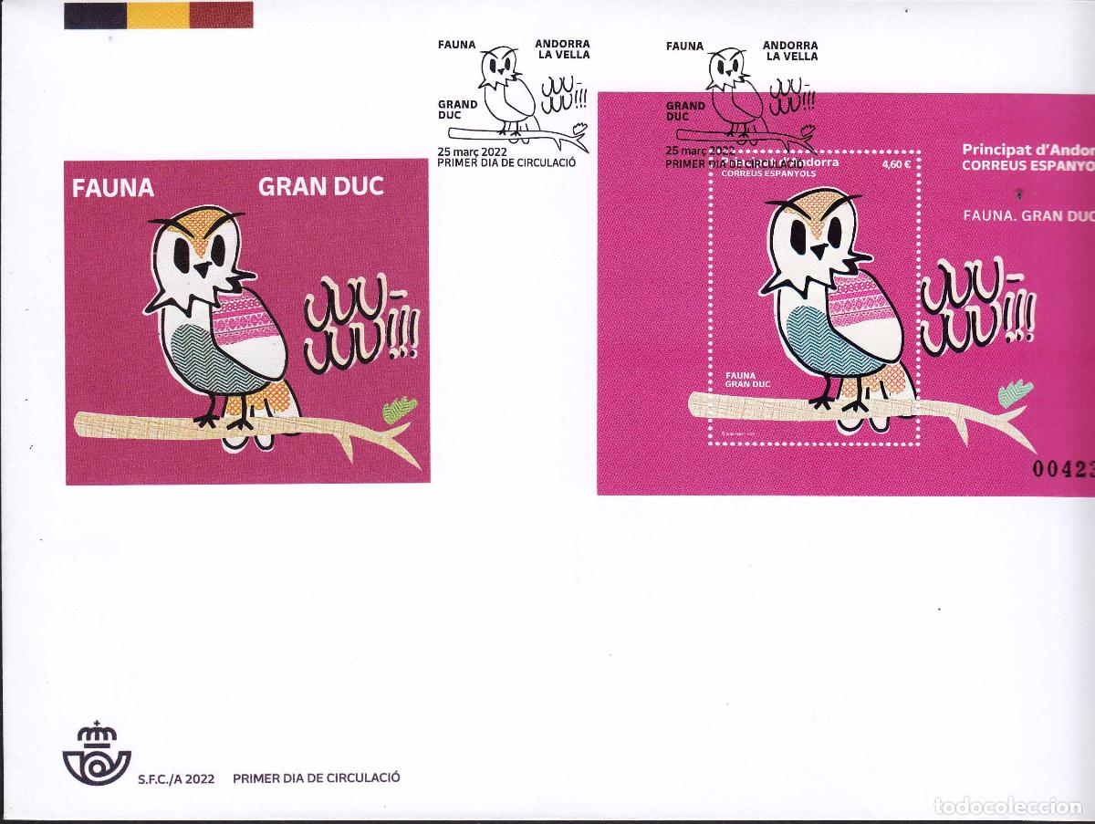 Briefmarken: Andorra Espa&ntilde;ola Sobres 1&ordm; D&iacute;a 2022 Edifil 525 Fauna Gran Duc
