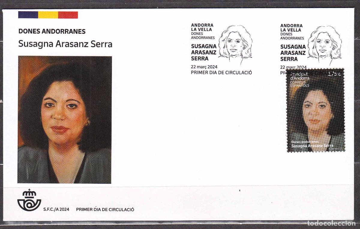 Timbres: Andorra Espa&ntilde;ola Sobres 1&ordm; D&iacute;a 2024 Edifil 555 Personaje Susagna Arasanz