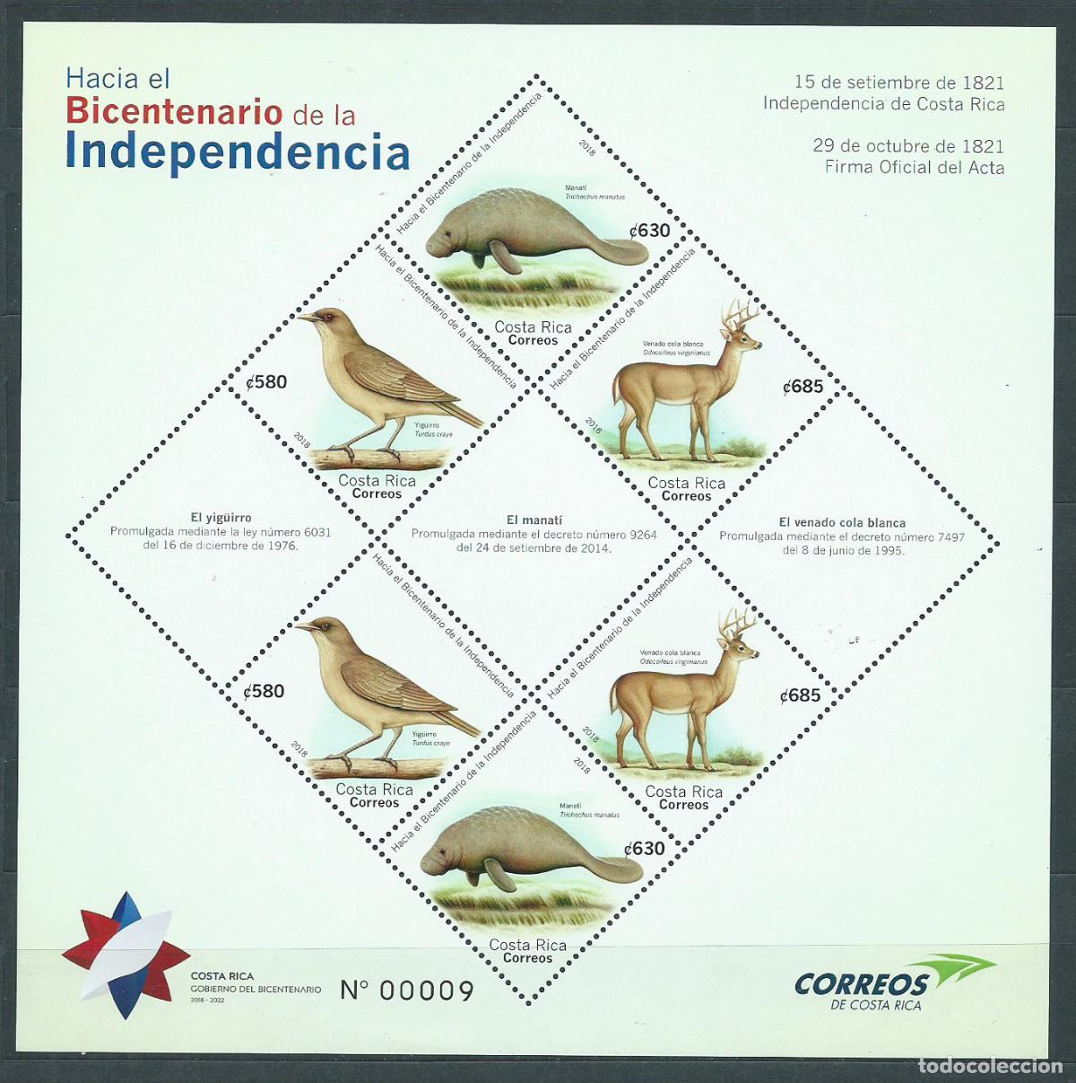 Briefmarken: Costa Rica - Hojas Yvert 69 ** Mnh Hacia el Bicentenario Fauna