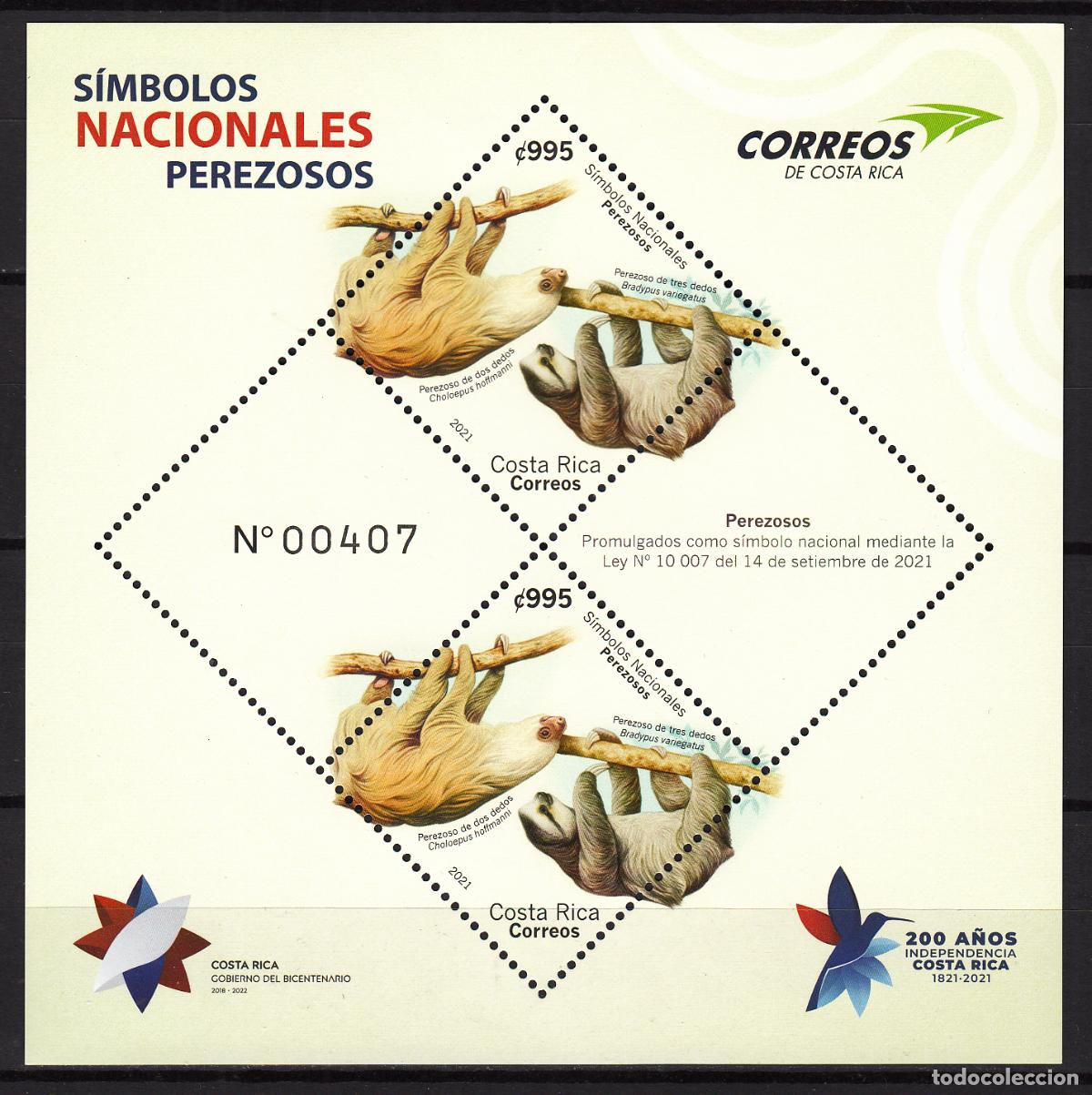 Briefmarken: Costa Rica Hojas Yvert 89 ** Mnh Fauna - Perezoso