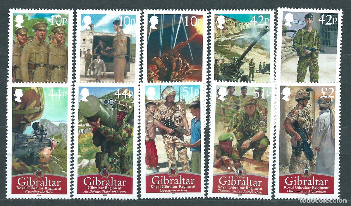 Timbres: Gibraltar Correo 2008 Yvert 1293/1302 ** Mnh 50 aniversario Regimiento Real de G