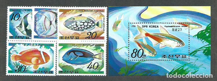 Stamps: Corea del Norte - Correo 1991 Yvert 2239/41+Av 27+H.84 ** Mnh Fauna peces
