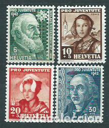 Sellos: Suiza - Correo 1942 Yvert 380/83 * Mh Personajes