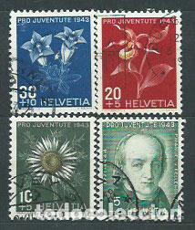 Sellos: Suiza - Correo 1944 Yvert 388/91 usado Flores