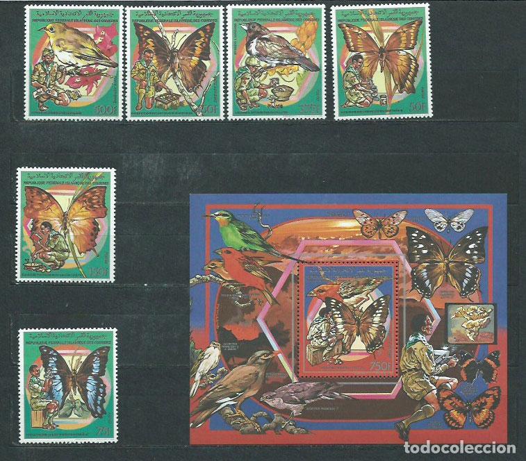 Selos: Comores - Correo 1989 Yvert 492/5+A 272+H.54 ** Mnh Mariposas scoutismo