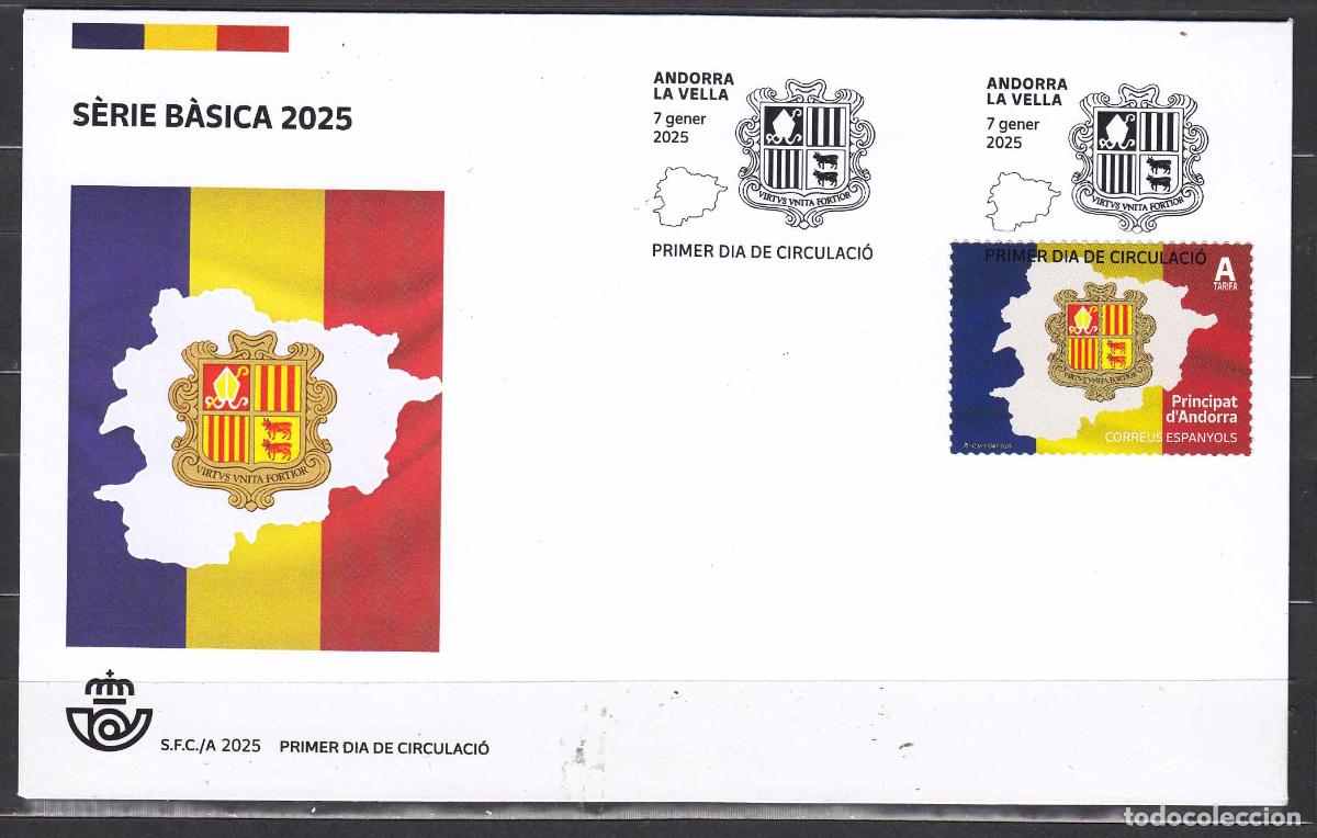 Briefmarken: Andorra Espa&ntilde;ola Sobres 1&ordm; D&iacute;a 2025 Edifil 567 Serie Basica Bandera