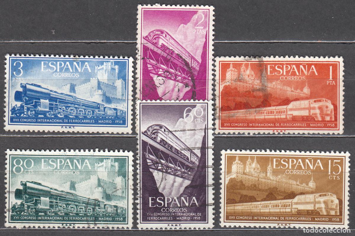 Sellos: Espa&ntilde;a II Centenario Correo 1958 Edifil 1232/7 usado Trenes