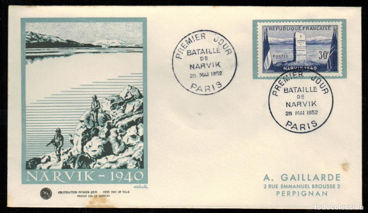 Stamps: Francia Sobres Primer Dia FDC Yvert 922 - Batalla de Narvik - Paris 1952
