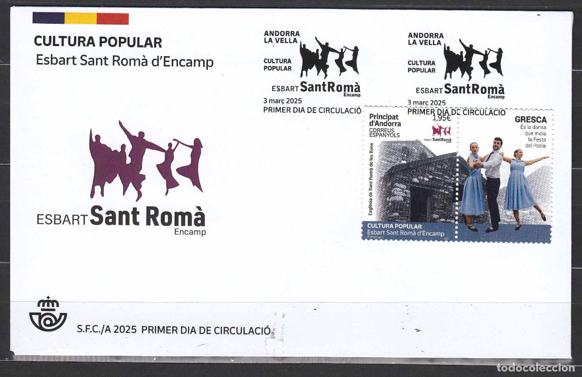 Sellos: Andorra Espa&ntilde;ola Sobres 1&ordm; D&iacute;a 2025 Edifil 569 Cultura Popular Esbart Sant Ro