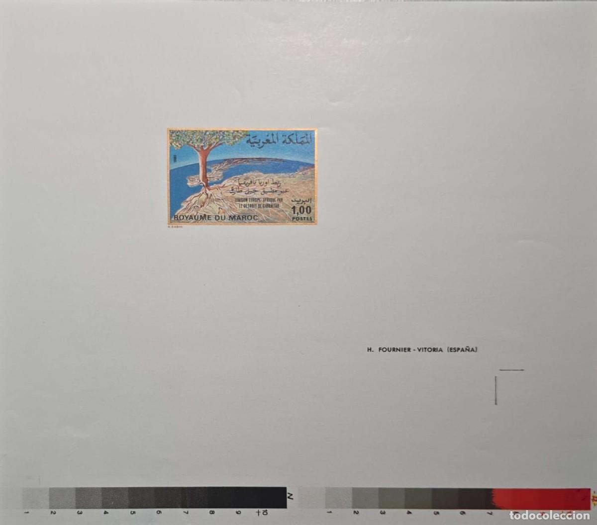 Sellos: O) 1980 MOROCCO, PROOF, COLOR SCALE, SYMBOLIC TREE ROOTED IN EUROPE AND AFRICA, STRAITS OF GIBRALTAR