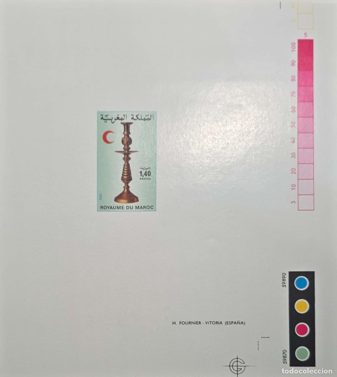 Sellos: O) 1982 MOROCCO, PROOF, COLOR SCALE, COPPER CANDLESTICK, RED CRESCENT, SCT 534 1.40d, MNH