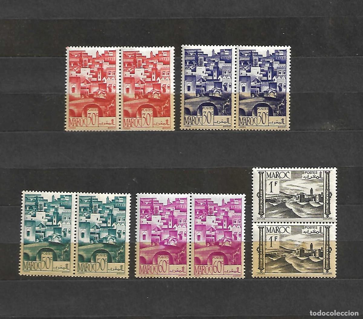 Sellos: Puente de los molinos, F&eacute;s, y fortaleza. Marruecos Franc&eacute;s. sellos a&ntilde;os 1947/49