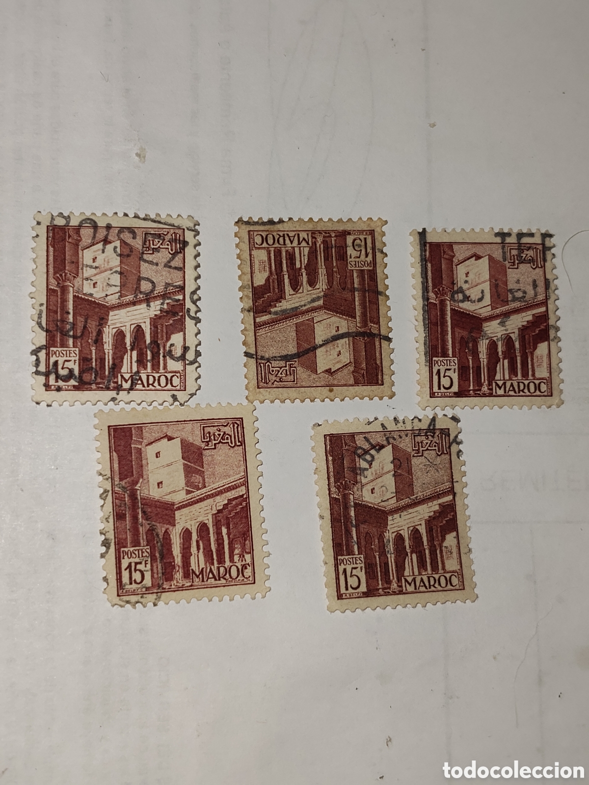 Sellos: 5 sellos de Marruecos paisajes y monumentos Patio de los Oudayas 1951 usados