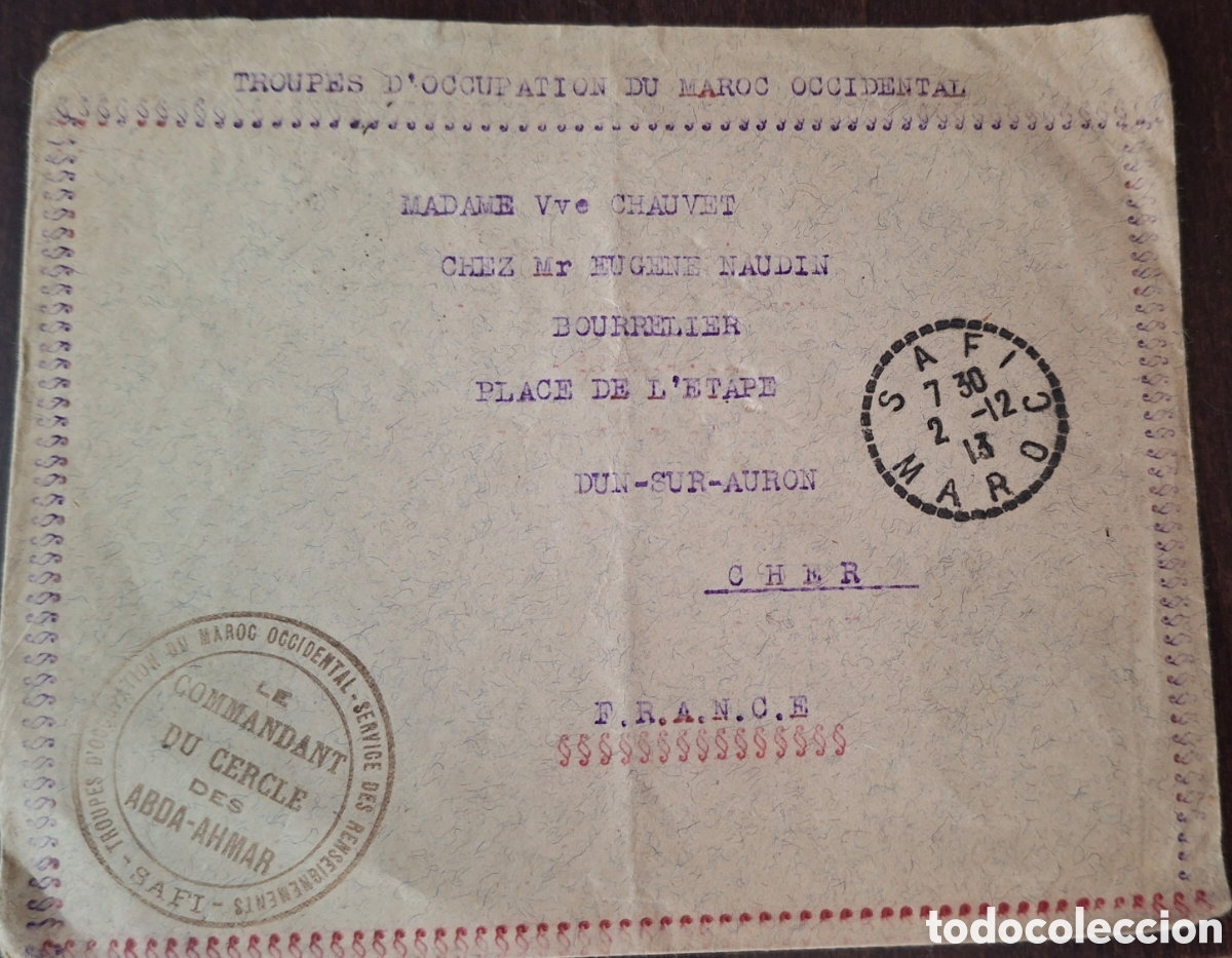 Briefmarken: Francia carta Tropas de ocupacion Marrueco Occidental Safi 1913