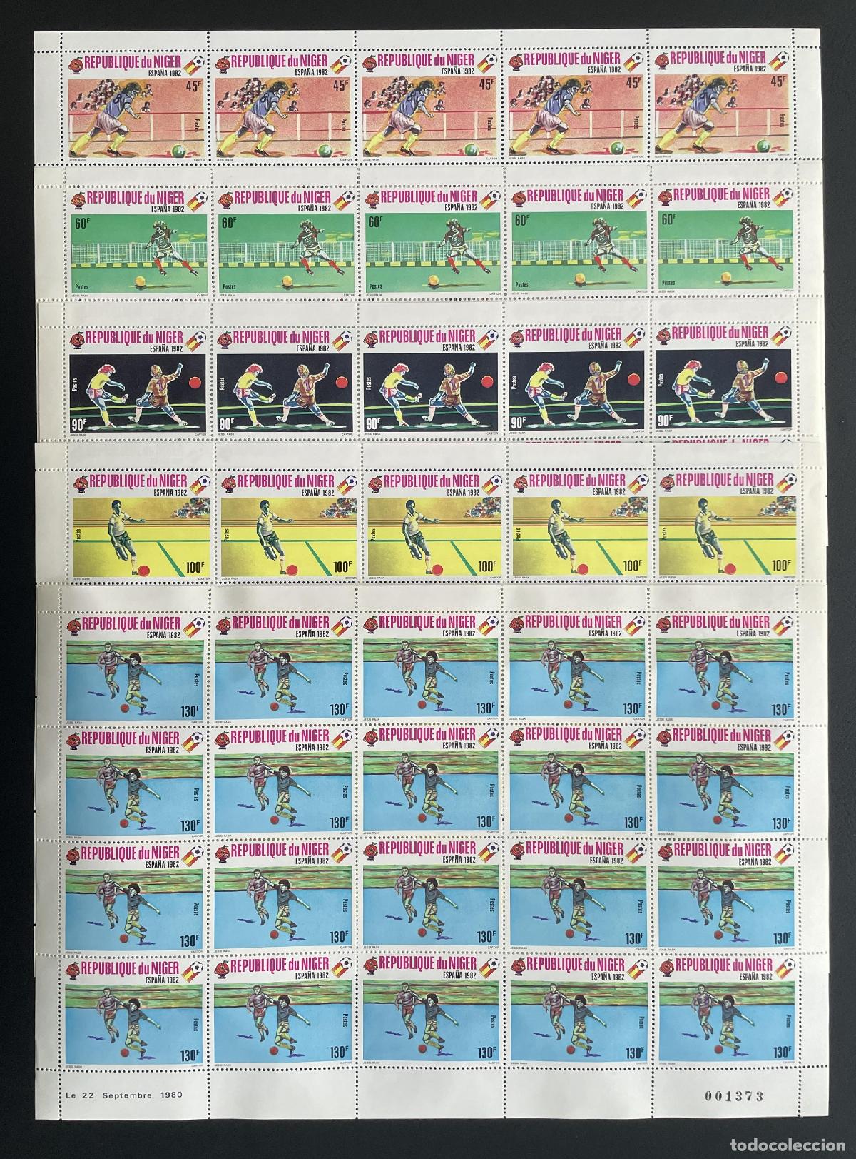 Sellos: N&iacute;ger 1980 YT 520-524 bloque f&uacute;tbol Espa&ntilde;a 1982 Copa del Mundo deporte