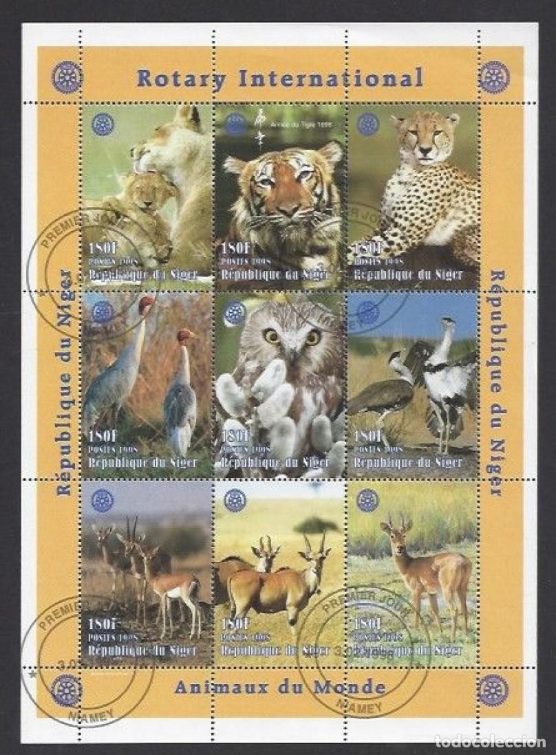 Sellos: NIGER 1998 SHEET USED MNH ROTARY FAUNA TIGRES LEONES LIONS ANTILOPES BUHOS AVES BIRDS WILD CATS