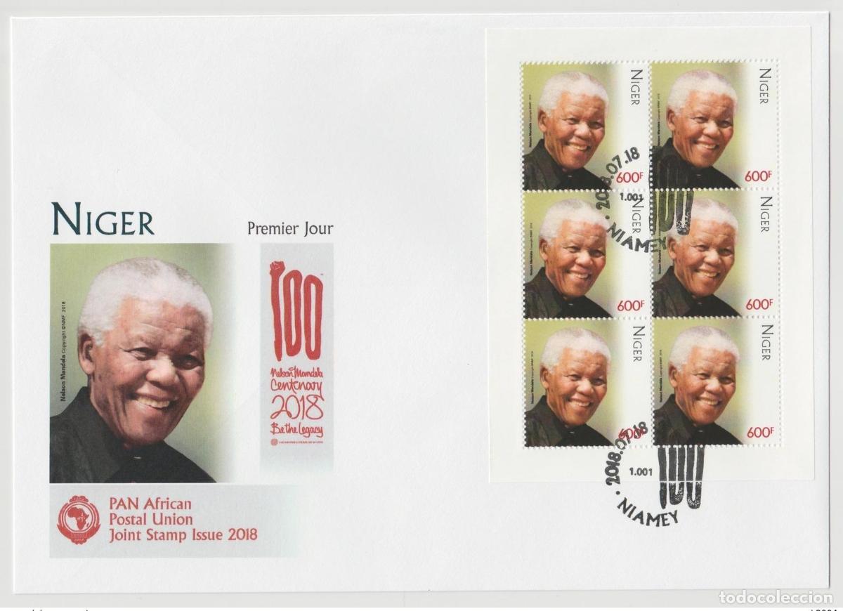 Sellos: N&iacute;ger mayo de 2018.? M/S FDC: D&iacute;a 1 edici&oacute;n conjunta: PAN Nelson Mandela 100 a&ntilde;os.
