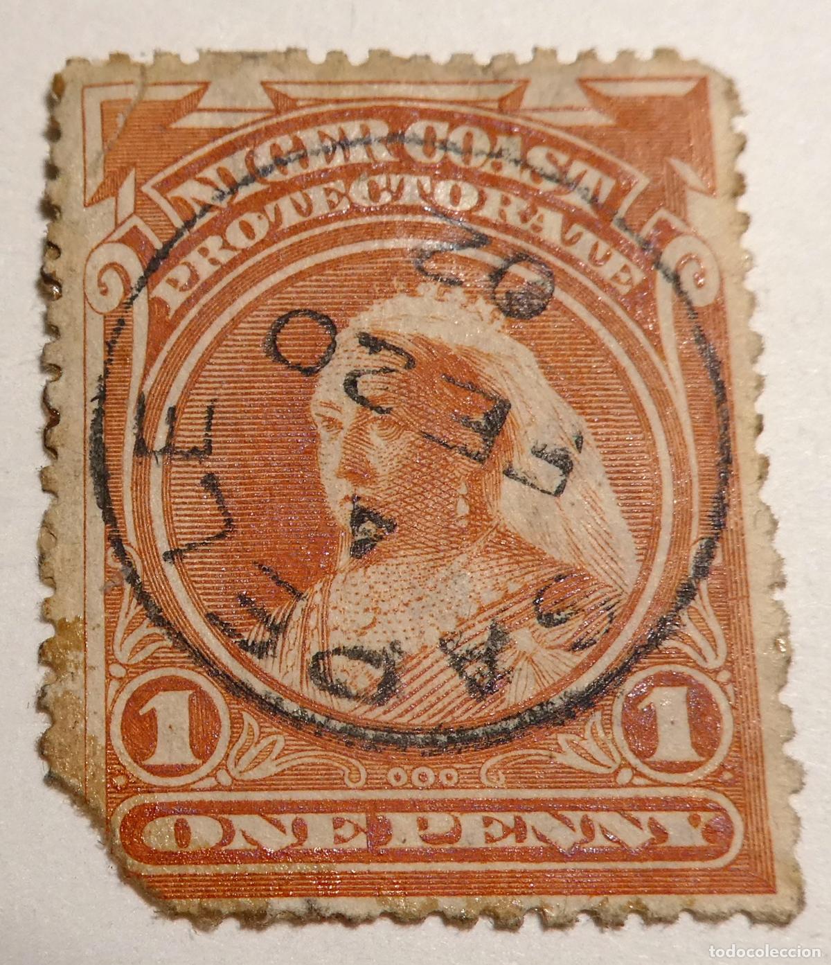 Sellos: Sello postal 1 penique 1890 del Protectorado de la Costa de N&iacute;ger Reina Victoria