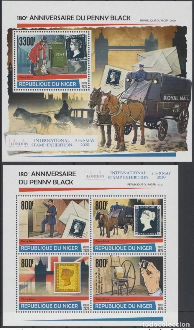 Sellos: N&iacute;ger 2020 Mi. 7201 - 7204 Bl. 1134 NO EMITIDO COVID Penny Black London Horse Post