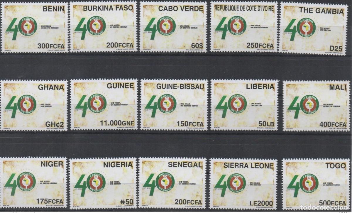 Sellos: Edici&oacute;n conjunta de la CEDEAO 2015:40 a&ntilde;os TODOS LOS 15 pa&iacute;ses: Benin Senegal Togo