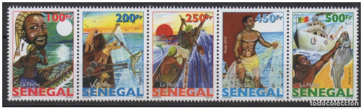 Sellos: Senegal 2015 (reedici&oacute;n de 1977) Evoluci&oacute;n la pesca peces (banda 5 MNH**)