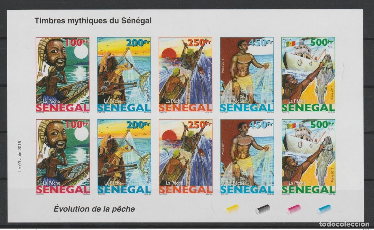Timbres: Senegal 2015 IMPERF NON LACED Minihoja Evoluci&oacute;n de la pesca peces