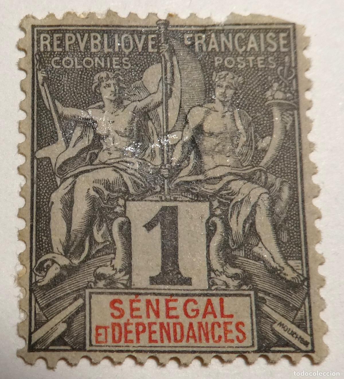 Sellos: Sello postal 1 c&eacute;ntimo 1892, serie &laquo;Navegaci&oacute;n y Comercio&raquo; colonias francesas Senegal y Dependencias