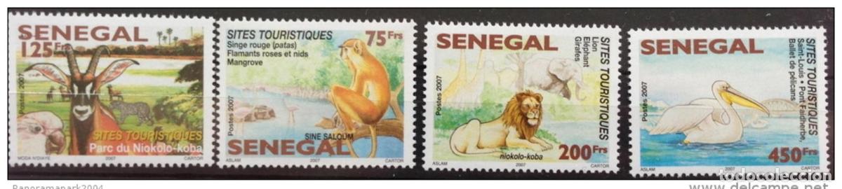 Stamps: Senegal 2007 Sitios tur&iacute;sticos Animales Monkey Lion Pelican 4 val. MNH RARO