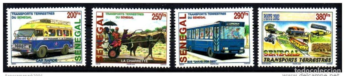 Sellos: Senegal 2002/2004 Transporte terrestre autob&uacute;s tren de caballos motocicleta 4 val. MNH POCO COM&Uacute;N