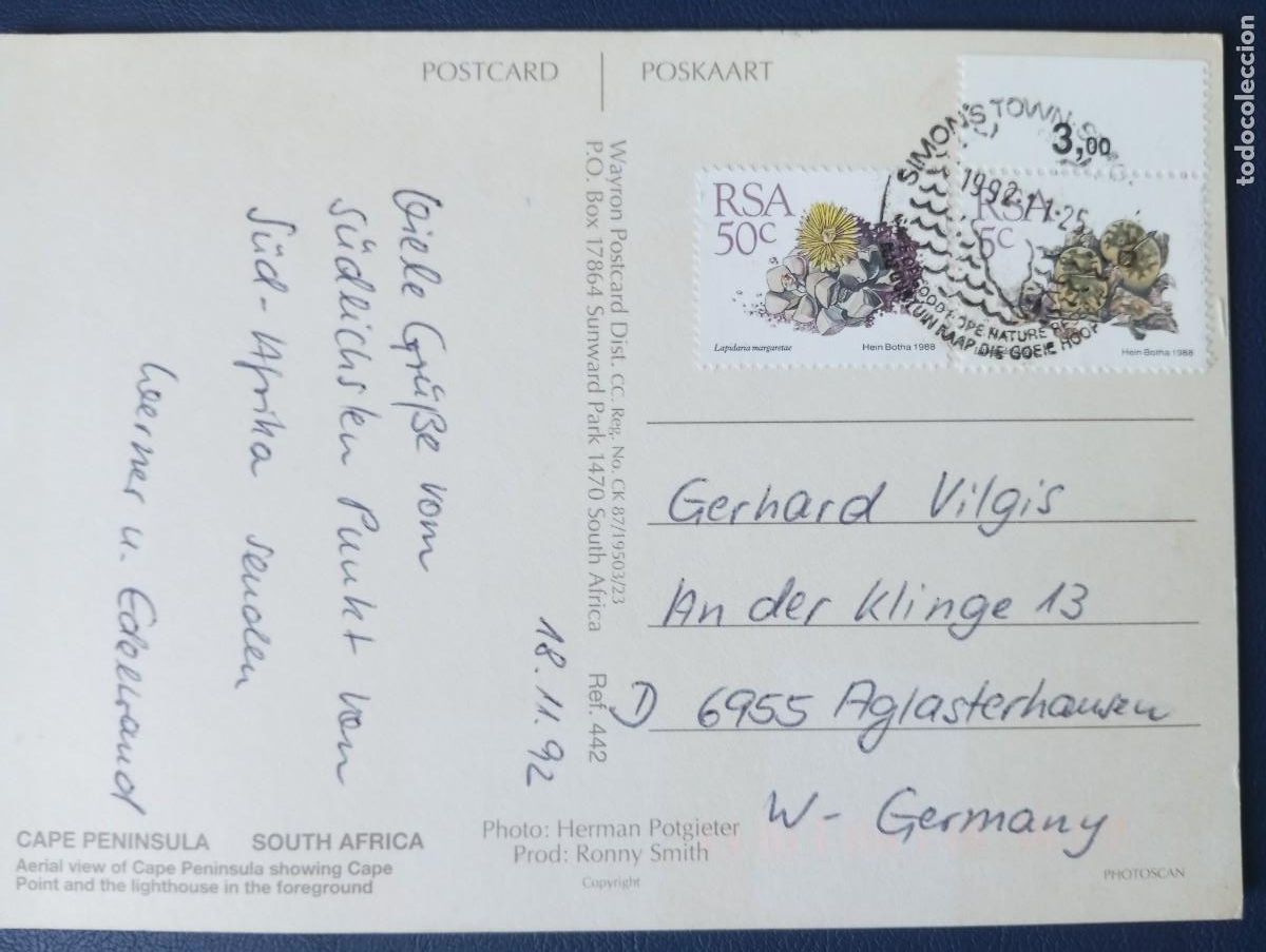 Sellos: REP&Uacute;BLICA SUDAFRICANA, POSTAL DE CABO PENINSULA CIRCULADA A ALEMANIA, SELLOS DE FLORA MARINA