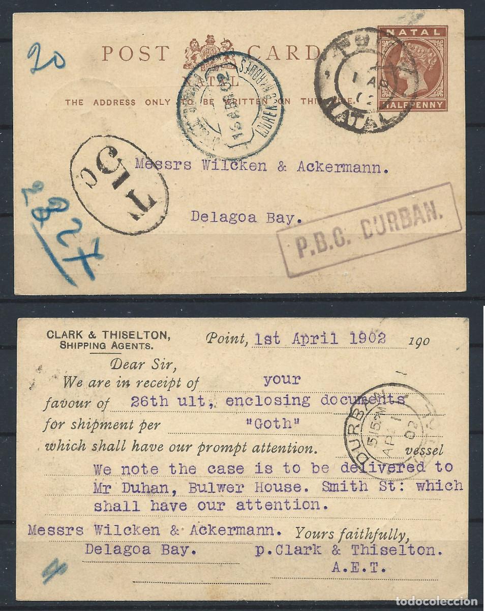 Sellos: Natal Carte Entier Postal du 01-04-1902 de Durban &agrave; Delagoa bay.