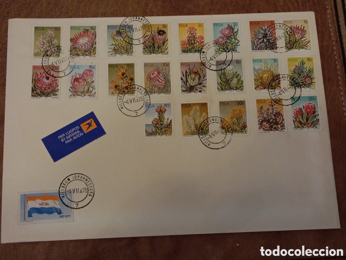 Sellos: &rdquo;Sud&aacute;frica 1977 - Serie Definitiva Proteas Completa en Sobre Grande - Matasellos Hillbrow 1978&rdquo;