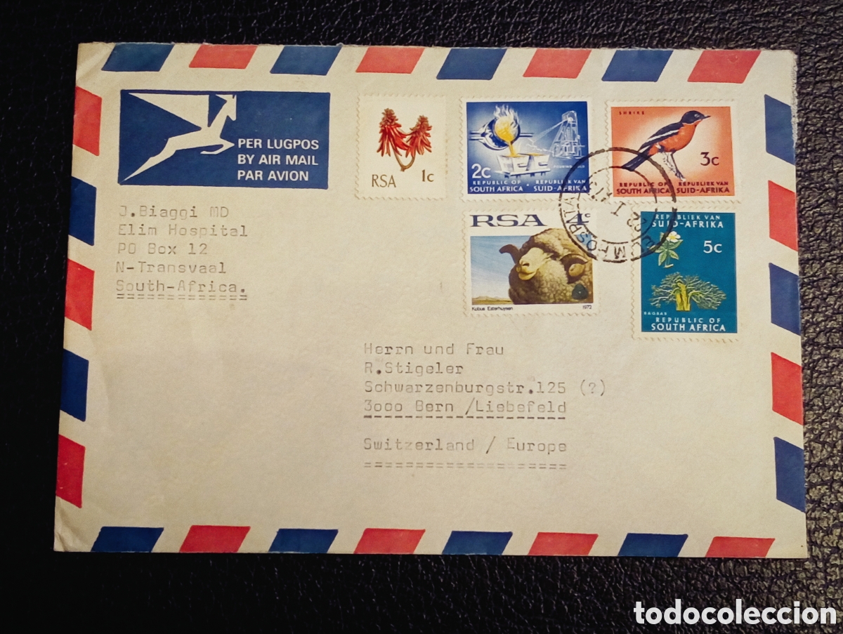 Sellos: Sobre Correo A&eacute;reo Sud&aacute;frica a Suiza 1974 - Remitente Elim Hospital (RSA)