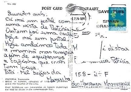 Sellos: Sud&aacute;frica y Marcofilia, Pretoria, Sunnyside, Louren&ccedil;o Marques Mozambique 1974 (382)