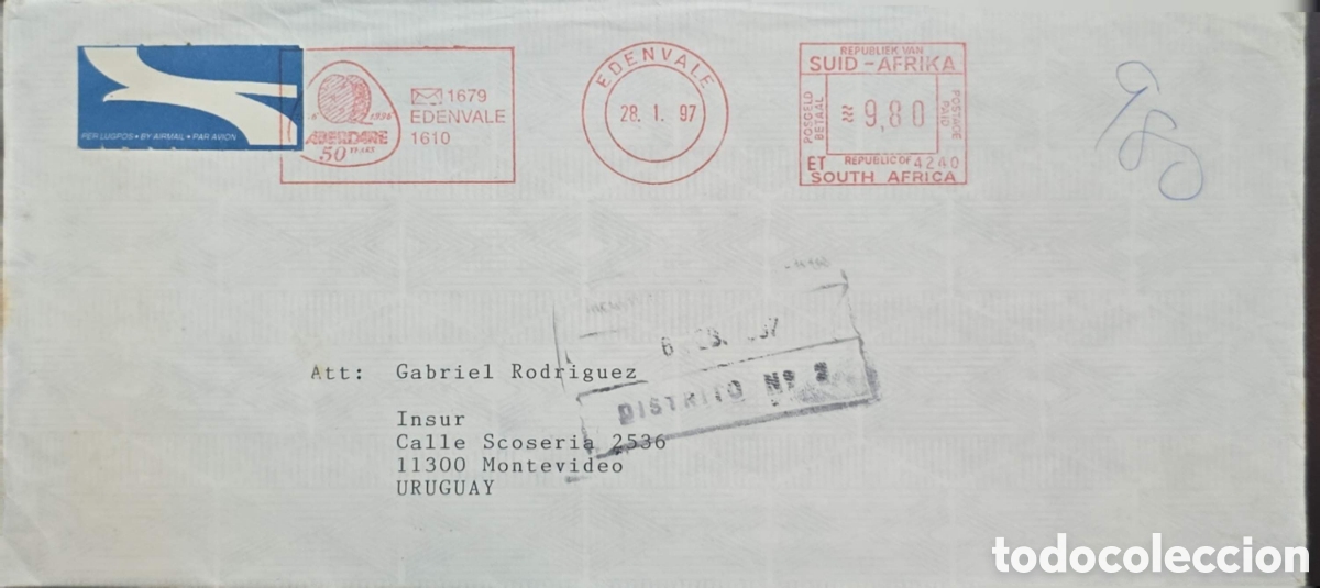 Sellos: CA)Sud&aacute;frica + 1997 + Airmail + Mailed envelope with &ldquo;PER LUGPOS - BY AIRMAIL - PAR AVION&rdquo; label, Ed