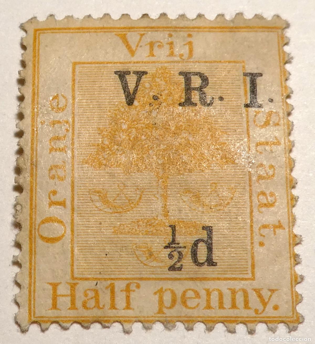 Sellos: Sello postal Estado Libre de Orange sobreimpresi&oacute;n &frac12; penique V.R.I. Victoria Regina Imperatrix 1900