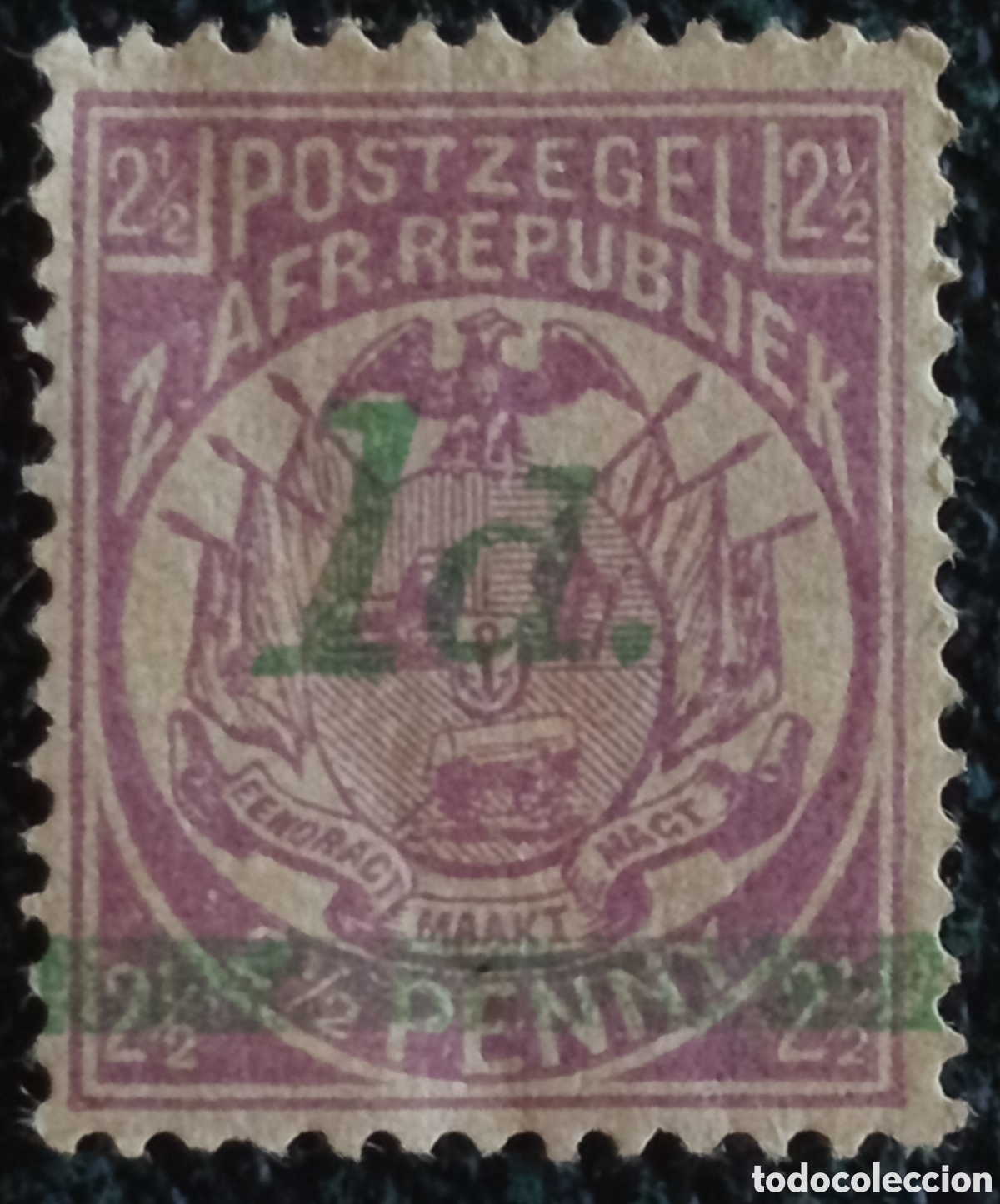 Sellos: Transvaal 1895 - Sello 2&frac12;p P&uacute;rpura Sobrecargado &frac12;d Verde (Michel 45 / Scott 135)