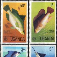 Sellos: UGANDA 1977 IVERT 126/29 *** FAUNA - LA PESCA EN AFRICA - PECES. Lote 197724176