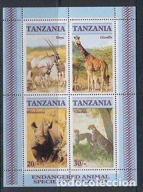Selos: TANZANIA 1986 SHEET MNH ANIMALES EN PELIGRO JIRAFAS GIRAFFES RINOCERONTES RHINOS FELINOS WILDLIFE