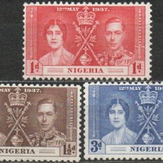Sellos: NIGERIA IVERT Nº 49/51, AÑO 1937, CORONACIÓN DE JORGE VI E ISABEL, NUEVO***