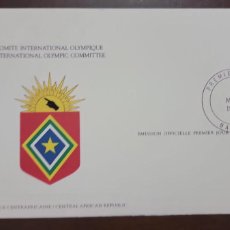 Sellos: P) 1984 CENTRAL AFRICAN REPUBLIC, AIRMAIL, COMINTE INTERNATIONAL, OLYMPIC GAMES, LOS ANGELES, FDC, X