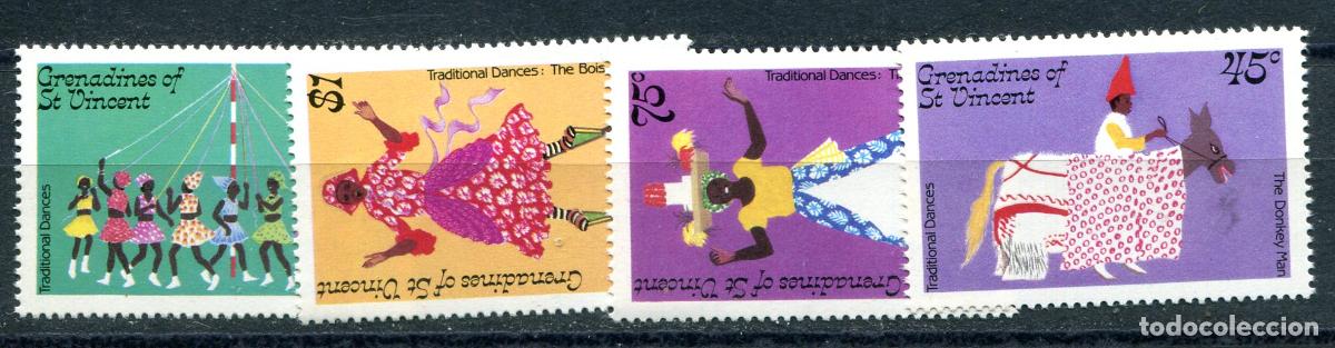 Sellos: 4 sellos de Grenadines de St Vincent, excolonia inglesa. Nuevos sin fijasellos. Tema trajes regional