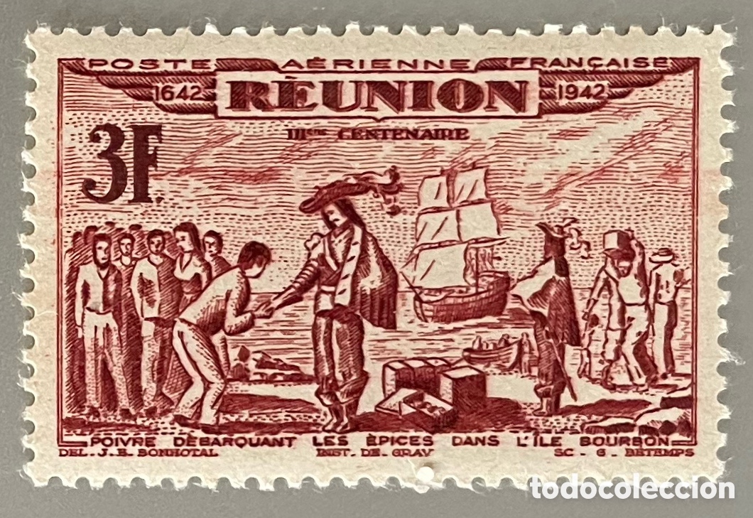 Timbres: Reuni&oacute;n. 300 a&ntilde;os asentamiento franc&eacute;s. 1943