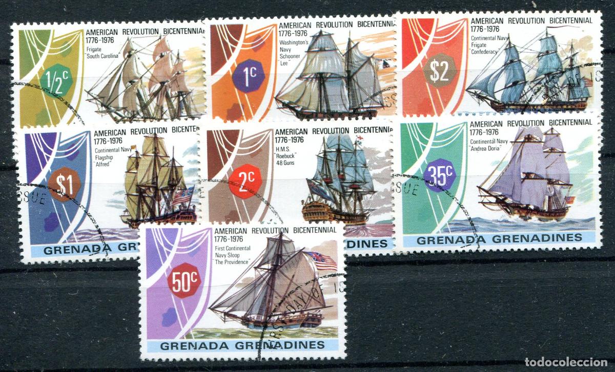 Stamps: 7 sellos de Grenada-Grenadines, excolonia inglesa. Matasellados con goma. Tema barcos