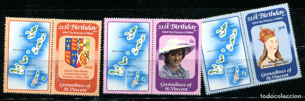 Sellos: 3 sellos de Grenadines de St Vincent, excolonia inglesa. Nuevos sin fijasellos. Temas varios